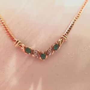 Emerald & Diamond Gold Herringbone Necklace